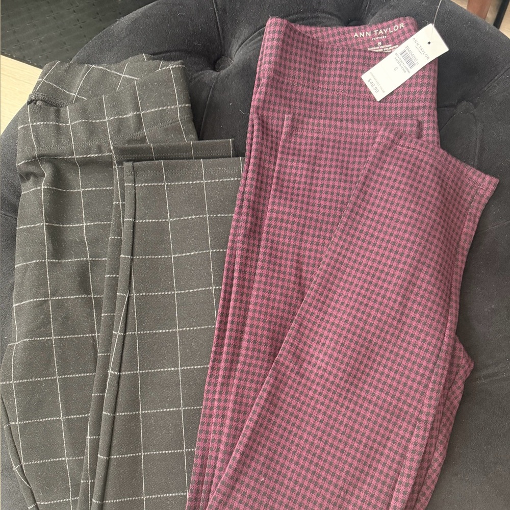 Ann Taylor burgundy and black and black and white leggings (2 pair)